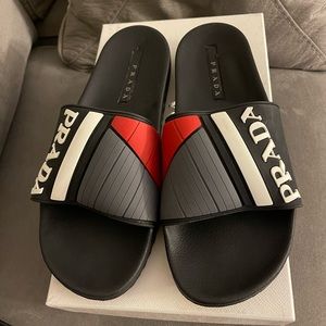 Prada Men Rubber Slip On Sandals in Nero + Bianco IN BOX